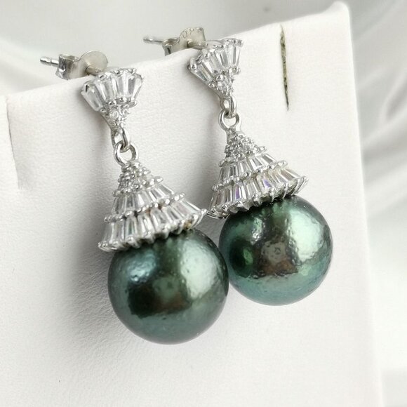 NEW Tahitian South Sea Pearl White Sapphire drop earrings 13mm - Picture 2 of 9